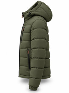 Veste matelassée à capuche pour homme, vert olive, rembourrage en polyester, imperméable, séchage rapide, coupe-vent, fermeture éclair, décontractée, hiver, logo personnalisé - Product Image 3