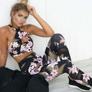 Ensemble de yoga imprimé floral pour femme : haut court dos nageur et leggings taille haute, 2 pièces, tenue de sport extensible pleine longueur - Product Image 4