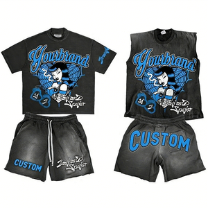 Conjunto de Camiseta de Cuello Redondo y Pantalones Cortos con Cordón de Alta Calidad, Estampado de Dibujos Animados, Negro y Azul - Product Image 1