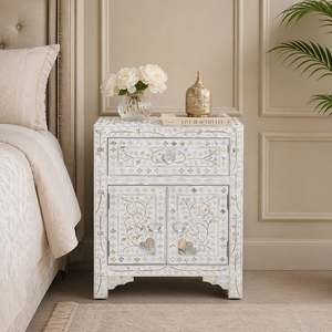 White Pearl Inlay Nightstand Wood Bedside <b>Table</b> Cabinet Floral Pattern <b>Storage</b> <b>Side</b> <b>Table</b> for Bedroom Hotel - Product Image 1