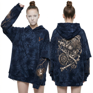 Sweat-shirt à capuche oversize bleu marine pour femme, effet délavé, avec manches double couche personnalisées, motif graphique d'engrenages d'horloge steampunk, effet vieilli - Product Image 1