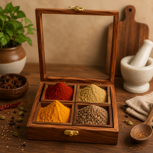 Wooden Spice <b>Box</b> with 4 Compartments Masala Storage Organizer Handmade Kitchen <b>Herb</b> Container Durable Wood Material - Product Image 1
