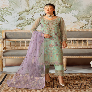 ชุดสาหรี่กะมีซผ้าออร์แกนซ่าปักลายสีเขียวมิ้นท์สำหรับผู้หญิง ชุดแต่งงานแบบดั้งเดิม ทรงปกติ สไตล์อินเดีย-ปากีสถาน - Product Image 1