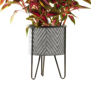 Modern Galvanized Metal Planter with Stand Chevron Corrugated Flower <b>Pot</b> Indoor Outdoor Raised Plant Holder - Product Image 1