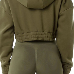 Sudadera con capucha corta verde oliva para mujer, modelo 2026, con cremallera, manga larga, color sólido, tejido transpirable, para otoño - Product Image 5