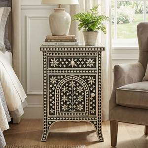 Meuble de rangement en bois avec tiroir latéral en os incrusté, artisanal, décoratif, fait main, pour chambre à coucher - Product Image 2