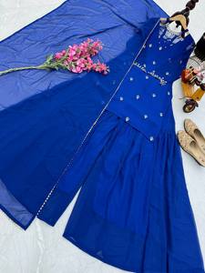 Traje Sharara Pakistaní Azul, Bordado, Tradicional, Sin Arrugas, con Dupatta de Malla Elástica, Atuendo para Mujer, para Fiestas y Bodas - Product Image 3