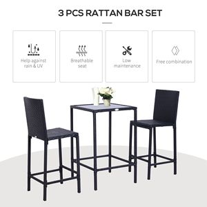 Set da Bar in Vimini Nero a 3 Pezzi per Tutte le Stagioni, Altezza Bancone con Tavolo in Vetro e Sgabelli per Uso Esterno, Seminterrato o Club - Product Image 4