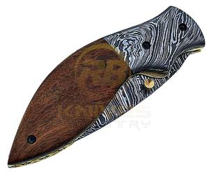 Cuchillo plegable de acero de Damasco hecho a mano con mango de madera – Cuchillo de bolsillo EDC con funda de cuero - Product Image 4