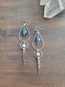 Boucles d'oreilles pendantes géométriques en argent 925, labradorite naturelle, style bohème, bijoux pour femmes à porter au quotidien - Product Image 2