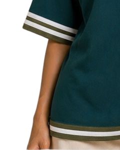 Camiseta Oversize Personalizada para Mujer, Color Verde Azulado Oscuro, con Bordado Floral, Cuello Redondo con Rayas en Contraste, Estilo Casual Holgado, de Algodón, para Verano - Product Image 6