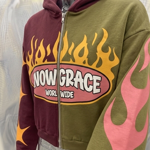 เสื้อฮู้ดโอเวอร์ไซส์ทรงครอปแบบซิป Snow Grace สำหรับทุกเพศ สไตล์สตรีทแวร์ฤดูหนาว ลายพิมพ์เปลวไฟ โลโก้ด้านหน้า ผลิตจากผ้าฝ้าย 80% โพลีเอสเตอร์ 20% เนื้อผ้าเฟรนช์เทอร์รี่ - Product Image 6