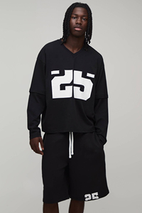 Trendy Men's Black Oversized Long Sleeve T-Shirt And Shorts <b>Set</b> With White 25 Print Crew Neck Casual Streetwear Summer Outfit - Product Image 3