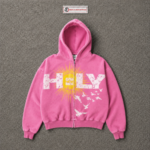 เสื้อฮู้ดซิปสีชมพูลายกราฟิก Holy Sun Bird ทรงโอเวอร์ไซส์ สไตล์วินเทจ สตรีทแวร์ พิมพ์ลายแบบดิสเทรส เสื้อฮู้ดลำลอง ยูนิเซ็กส์ ทรงพอดีตัวสไตล์คนเมือง - Product Image 5