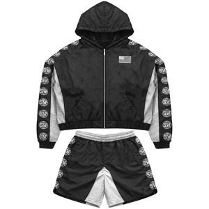 Lightweight 120 GSM polyester windbreaker short set black <b>grey</b> side panels custom screen printed logo plus size - Product Image 1