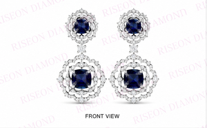 Pendientes colgantes de lujo en oro blanco de 18 quilates con piedras centrales de corte almohadilla en azul real, rodeadas por un intrincado detalle de halo de diamantes. - Product Image 6