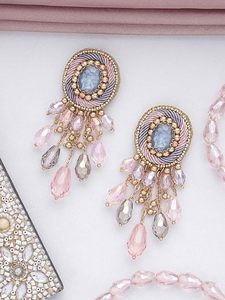 Ethnic Handmade Indian Metal Jhumka Earrings with Colorful Beads and Rhinestones Plastic Bag Packaging for Wedding - Product Image 3