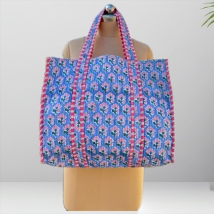 Bolso Tote Impermeable de Algodón Acolchado con Estampado de Bloques Personalizado, Estilo Vintage, Azul Leopardo, para Dama, Playa, Venta al por Mayor, Grande, Hecho a Mano - Product Image 5