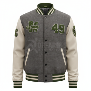 <b>Men's</b> <b>Cream</b> Varsity <b>Jacket</b> Wool Nylon Leather Sleeve Embroidered B 49 Logo Preppy Style Autumn Turn Down Collar Plus Size - Product Image 2