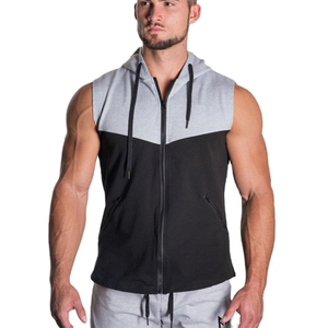 Men Casual Bodybuilding Gym Training <b>Workout</b> Sleeveless <b>Hoodies</b> Slim Fit Cotton/Polyester Color Panel Front Zipper Tank Top Hood - Product Image 5
