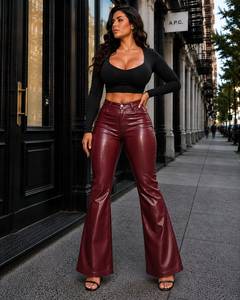 Pantalon en cuir bordeaux pour femme |   Pantalon en cuir à taille haute et coupe droite |   Pantalon en cuir véritable pour femmes, style vintage - Product Image 5