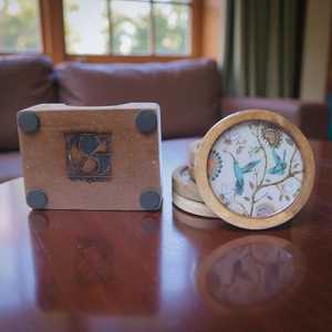 Handmade Custom Wooden <b>Round</b> <b>Coasters</b> With Bird And Floral Design Traditional Chinese Style Reusable Mats For Table Decor By UO - Product Image 3