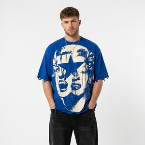 Camiseta Oversize de Cuello Redondo con Efecto Desgastado y Estampado Personalizado, Manga Corta, Tejido de Algodón Lavado, Estilo Urbano - Product Image 6