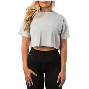 Haut court gris pour femme, manches courtes, col rond, couleur unie, tricoté, respirant, en coton, pour le printemps et l'été - Product Image 1