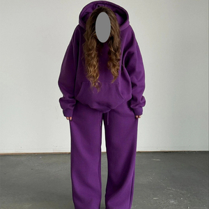 Sweat-shirt à capuche surdimensionné pour femme, couleur unie violet, en molleton de coton, manches longues, vêtement décontracté d'automne - Product Image 3