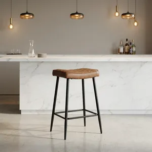 Taburete de Barra de Cuero Sintético con Reposapiés, Patas de Metal Negro, Asiento para Cocina, Desayunador, Cafetería, Hotel, Hogar, Muebles de Bar - Product Image 5
