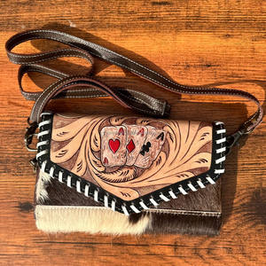 Monedero de cuero con pelo a mano, billetera cruzada de cuero genuino occidental para mujer, billeteras Aces de cuero de vaca - Product Image 2