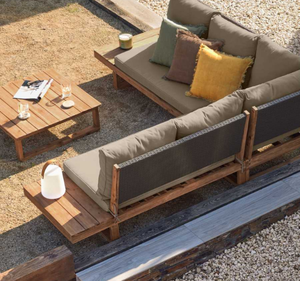 Conjunto de Sofá Moderno en Forma de L de Madera de Teca para Jardín, Sala de Estar al Aire Libre, Mesa de Centro, Cojines, Villa, Resort, Patio, Terraza, Lujo - Product Image 5