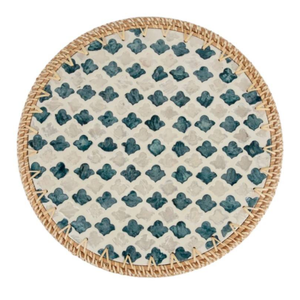 Tapis en rotin tissé circulaire avec incrustation de nacre, artisanat vietnamien pour cuisines fusion orientales - Product Image 1