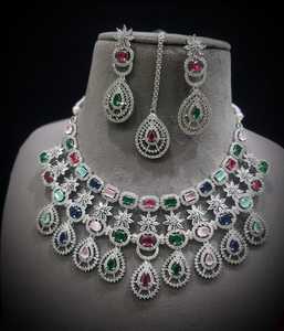 Indian <b>Women</b> Silver Plated Anti-Tarnish Necklace <b>Set</b> Matching Earring Maang Tika AD Jewellery Wedding Party Engagement <b>Gift</b> - Product Image 1