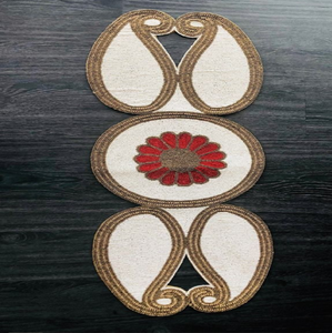 Unique traditional paisley motif cream and gold beaded <b>table</b> <b>runner</b> with a red flower focal design, available at wholesale price - Product Image 1