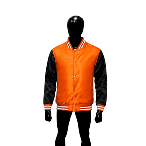 Veste universitaire en satin orange et noir sur mesure pour hommes, veste bomber de baseball haut de gamme avec manches contrastées noires et bordures côtelées rayées. - Product Image 1