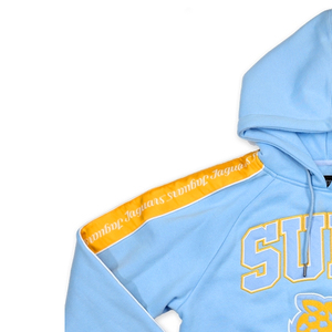 Vente en gros de sweats à capuche personnalisés 100% coton, style grec, avec patch brodé, pour femmes, de haute qualité, couleur ciel et or - Product Image 3