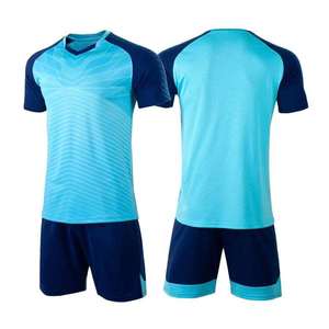 Ensemble uniforme de football pour hommes, vert fluo et bleu, col en V, séchage rapide, polyester, maillot sportif à manches courtes et short, tenue d'été - Product Image 3