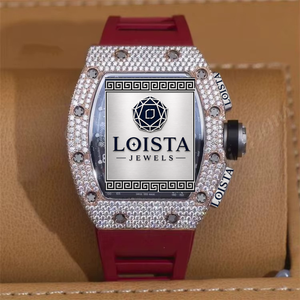 Luxury Diamond Octagon Quartz Watch Analog Chronograph <b>Red</b> Camo Silicone Band 42mm Men's LOISTA - Product Image 1