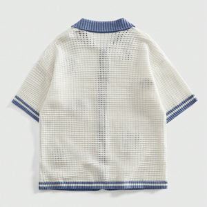 Camisa Polo de Punto Vintage para Hombre, Bordado Floral, Malla Texturizada, Manga Corta, Abotonada, Estilo Casual Urbano - Product Image 2