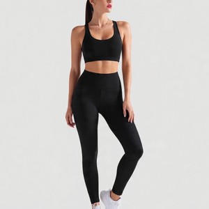 Conjunto de Yoga de 2 Piezas sin Costuras, Top Corto y Leggings Largos de Cintura Alta, Color Sólido, Espalda Cruzada, Ropa Deportiva sin Mangas - Product Image 3