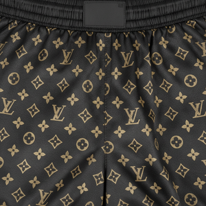 Shorts de boxe personnalisés imprimés pour hommes, coupe classique, polyester extensible, vêtements d'arts martiaux, taille adulte, motif monogramme noir et or - Product Image 2