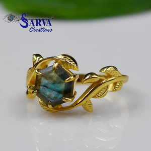 Natural Labradorite Hexagon Leaf Design <b>Ring</b> <b>Statement</b> 925 Sterling <b>Silver</b> Vintage Style Engagement <b>Ring</b> for Women - Product Image 6