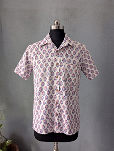 เสื้อเชิ้ตแขนสั้นผู้ชายพิมพ์ลายลำลองสีขาวสีชมพูสีม่วงลายดอกไม้คอปกแบบพับได้กระดุมเดี่ยวเสื้อเชิ้ตผ้าฝ้ายระบายอากาศได้ - Product Image 4