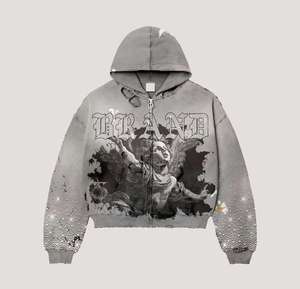 OEM Angel Graphic Zip Up Hoodie Heavyweight Acid Wash Vintage Rhinestone Studded Hoodies Streetwear Wholesale - Product Image 5