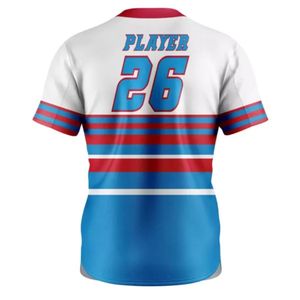 Maillot de baseball blanc et rouge avec accents bleus, manches courtes, uniforme d'équipe avec design rayé pour l'entraînement et les activités sportives - Product Image 2