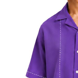เสื้อเชิ้ตคิวบาคอปกสีม่วง แขนสั้น ลายปักใบไม้สีขาว ผ้าฝ้ายลินิน ติดกระดุม ลำลอง แฟชั่นชายหาดฤดูร้อน - Product Image 3
