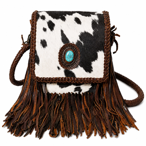 Bolso Bandolera de Cuero de Vaca con Flecos y Adornos Trenzados, con Concho Turquesa, Estilo Boho Occidental, Hecho a Mano para Mujer - Product Image 1