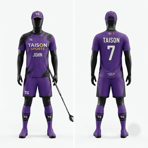 Uniforme de Floorball Premium de Poliéster Transpirable de 180 GSM, Panel Morado y Negro, Kit con Logotipo Personalizado OEM - Product Image 1