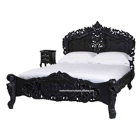 Lits français rococo faits à la main, style bois de teck massif, design antique européen, design artistique gothique, meubles noirs pour la chambre à coucher